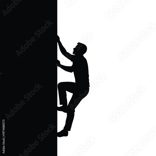 Silhouette of a man rock climbing on a black and white background