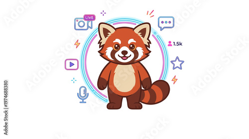 Cute Red Panda Mascot with Social Media Icons, Live Streaming Concept