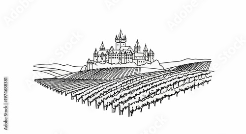 Ancient castle on a hill overlooking rows of vineyard plants