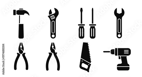 Essential collection of hand tools and power equipment icons for repair, construction, and DIY projects, featuring various workshop implements in a versatile vector silhouette style