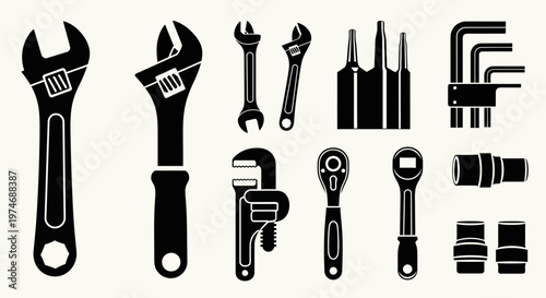 Collection of Various Wrenches and Plumbing Fixtures in Black Silhouette
