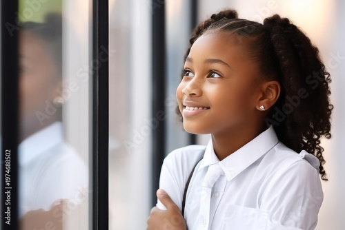 Young student girl smiling while looking hopefully through a window
