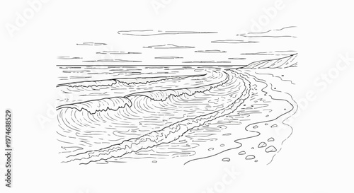 Dynamic waves crash onto a pebble beach under a cloudy sky