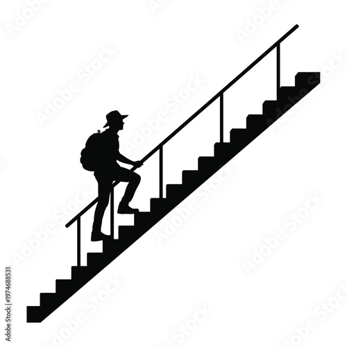Silhouette of a person with backpack climbing stairs with railing