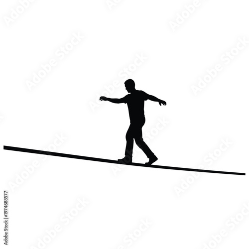 Silhouette of a person balancing on a tightrope against a white background