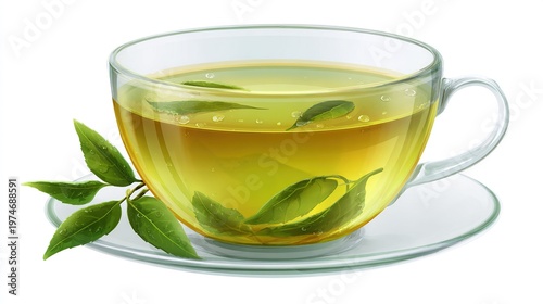 A clear glass cup filled with steaming green tea and fresh leaves, artfully illustrated.