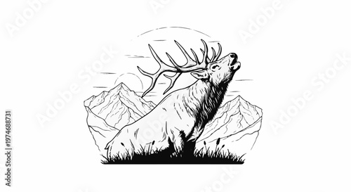 Majestic elk with large antlers bugles at sunrise in mountain landscape