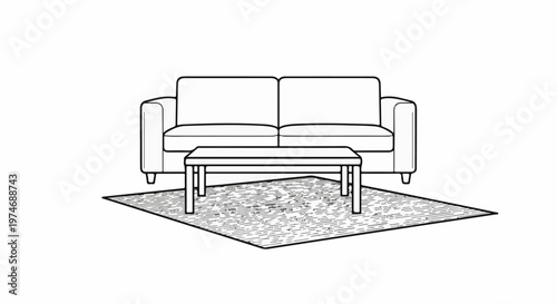 Minimalist living room setup with a sofa, coffee table, and patterned rug