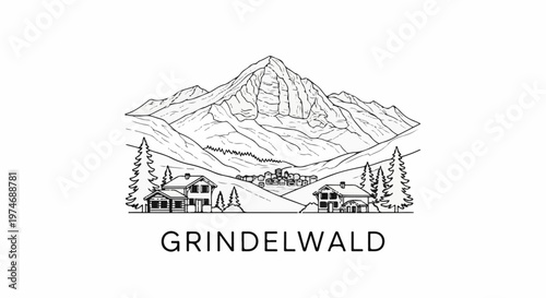 Mountain village with chalets nestled among trees and majestic peaks