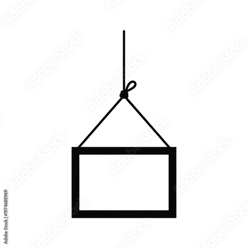 Black and white hanging sign with rope and hook
