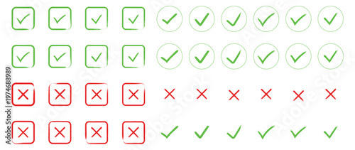 Grunge vector check mark and cross element. Grunge green check mark and red cross mark icon set. Grunge brush style check mark and cross icon set. Vector 