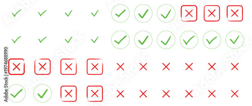 Grunge vector check mark and cross element. Grunge green check mark and red cross mark icon set. Grunge brush style check mark and cross icon set. Vector 