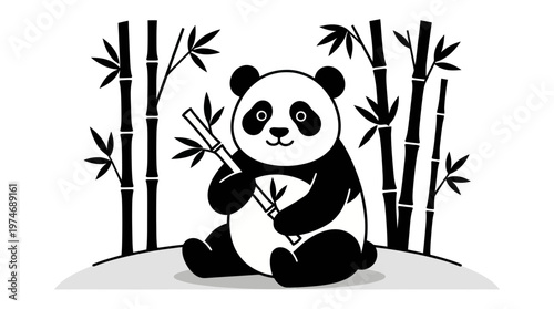 Cute Panda Eating Bamboo in a Bamboo Forest, Cartoon Style