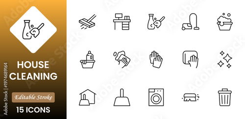  Home Cleaning Clean up the house. Washing floors, windows, dishes clothese,s and line. Sweeping the floor and wiping dust. Outline icon collection. Pictogram