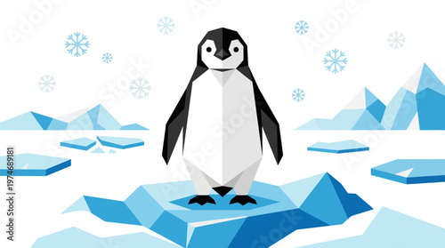 Cute Penguin Standing on Ice Floe in Snowy Arctic Landscape with Snowflakes