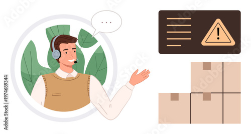 Customer service, logistics, delivery issues, troubleshooting, communication, support. A support agent wearing a headset explains issues next to warning signs and packages. Customer service