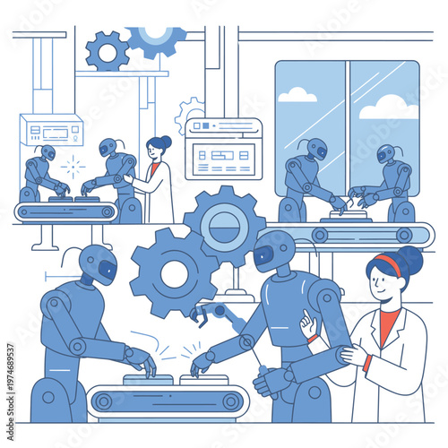 Robots and Scientists Collaborating in a Modern Factory Setting.