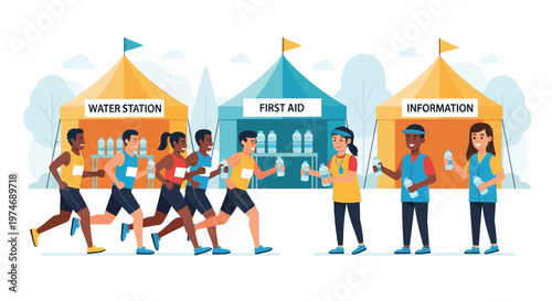 Runners at marathon aid stations with volunteers.