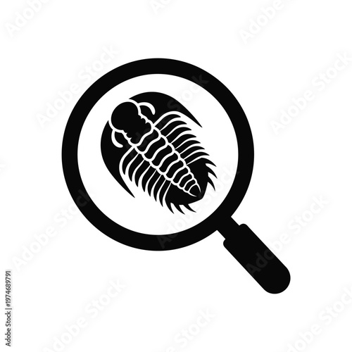 Black magnifying glass showing fossil trilobite silhouette