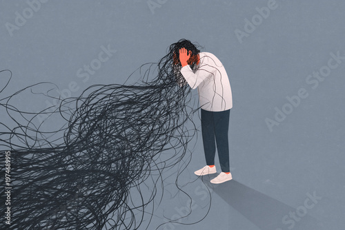 Psychological Struggle Mood Scene. Depression and overwhelm concept, silhouette surrounded by blurred chaotic shadows