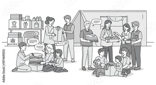 People donating and receiving clothes and items at a relief center.