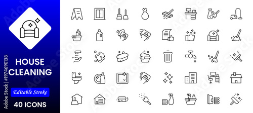  Home Cleaning Clean up the house. Washing floors, windows, dishes clothese,s and line. Sweeping the floor and wiping dust. Outline icon collection. Pictogram