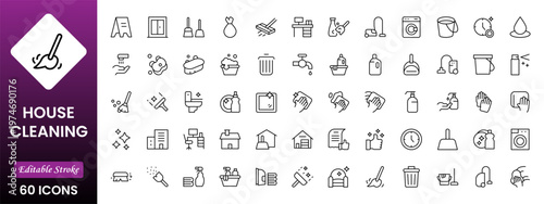  Home Cleaning Clean up the house. Washing floors, windows, dishes clothese,s and line. Sweeping the floor and wiping dust. Outline icon collection. Pictogram