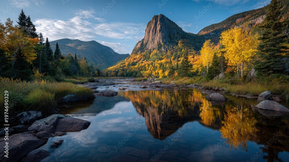Fototapeta premium Serene mountain landscape with river reflection.