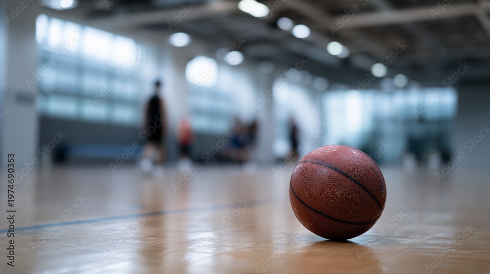 Naklejka premium basketball ball, indoor court, gymnasium, sports training, team practice, basketball arena, hardwood floor, game equipment, athletic facility, basketball practice, school gym