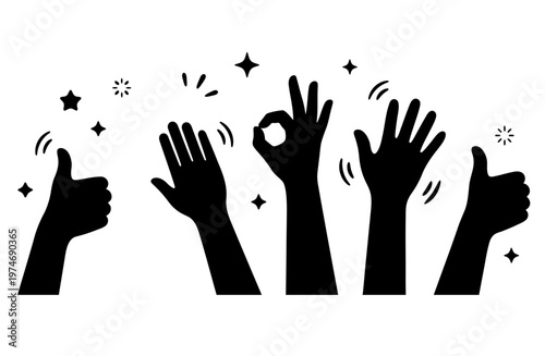 Hand silhouettes showing applause, thumbs up, and ok gesture for success and approval