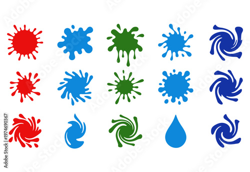 Collection of colorful paint splashes, ink blots and liquid swirl shapes