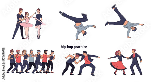 Diverse Dance Styles: Ballet, Breakdance, Hip-Hop, and Ballroom Group