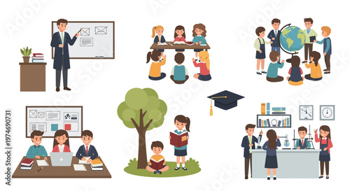 Diverse Education Scenes: Classroom, Outdoor Learning, Science Lab, Study Group