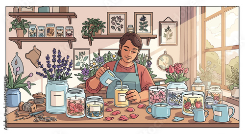 Person carefully preparing herbal remedies in a cozy setting.