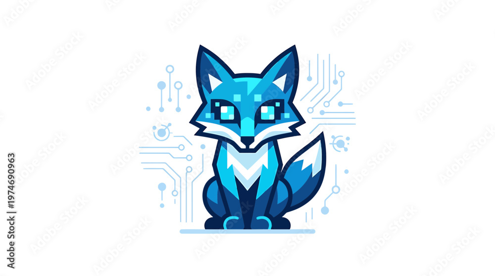 Fototapeta premium Digital Fox Mascot, Pixel Art Style, Blue Tones, Circuit Board Background