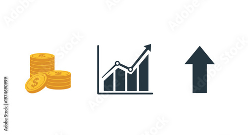 Coins stacked with graph and arrow.