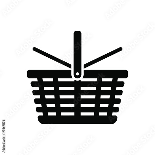 Black silhouette of a wicker picnic basket with handle
