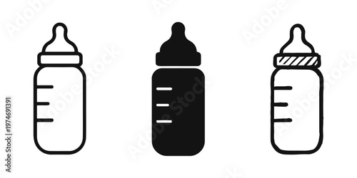 Baby Bottle Icons: Infant Milk Feeder Symbols with Measurements in Outline, Solid, and Hand-Drawn Styles