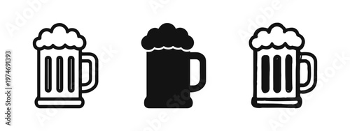 Beer Mug Icons: Foamy Ale or Lager Glass Symbols in Outline, Solid, and Hand-Drawn Styles