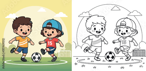 kids playing foot ball outdoor cartoon vector illustration of children learning kid color book clipart and lineart