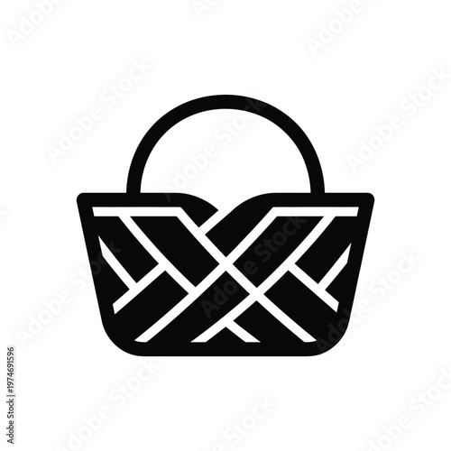 Black and white silhouette of a woven basket with a handle