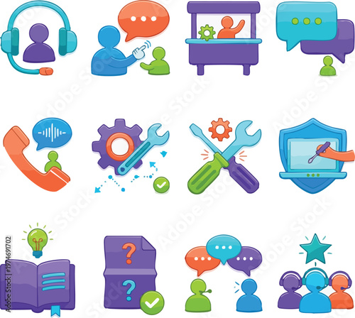 A vibrant set of tech support and customer service icons featuring communication, troubleshooting, and assistance concepts. Designed in modern colorful flat style, perfect for apps, websites.