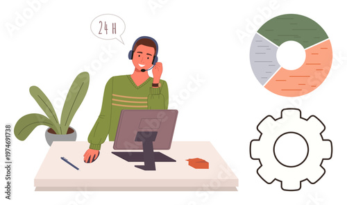 Customer service, technical support, business operations, analytics, workflow, communication. A person at work with a headset, chart and gear icon. Customer service and technical support concept