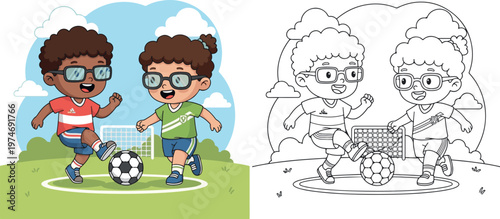 kids playing foot ball outdoor cartoon vector illustration of children learning kid color book clipart and lineart	