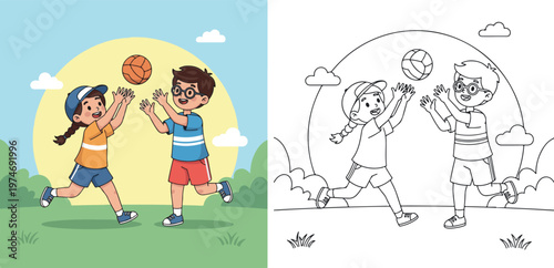 kid playing ball outdoor cartoon vector illustration of children learning kid color book clipart and lineart