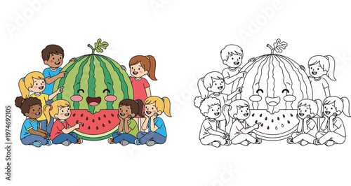 Happy diverse children with a giant cute smiling watermelon character, coloring page and colored vector illustration set for kids education, summer fun, and healthy eating activities
