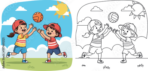 kid playing ball outdoor cartoon vector illustration of children learning kid color book clipart and lineart