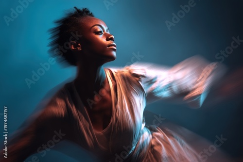 Female dancer performing expressive movement with motion blur in studio lighting