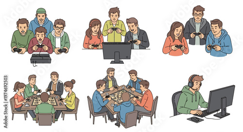 Diverse group of friends playing video games and board games together