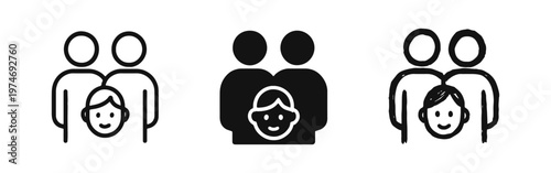 Family icon set with two parents and a child. People relationship symbols for social groups and parental care.